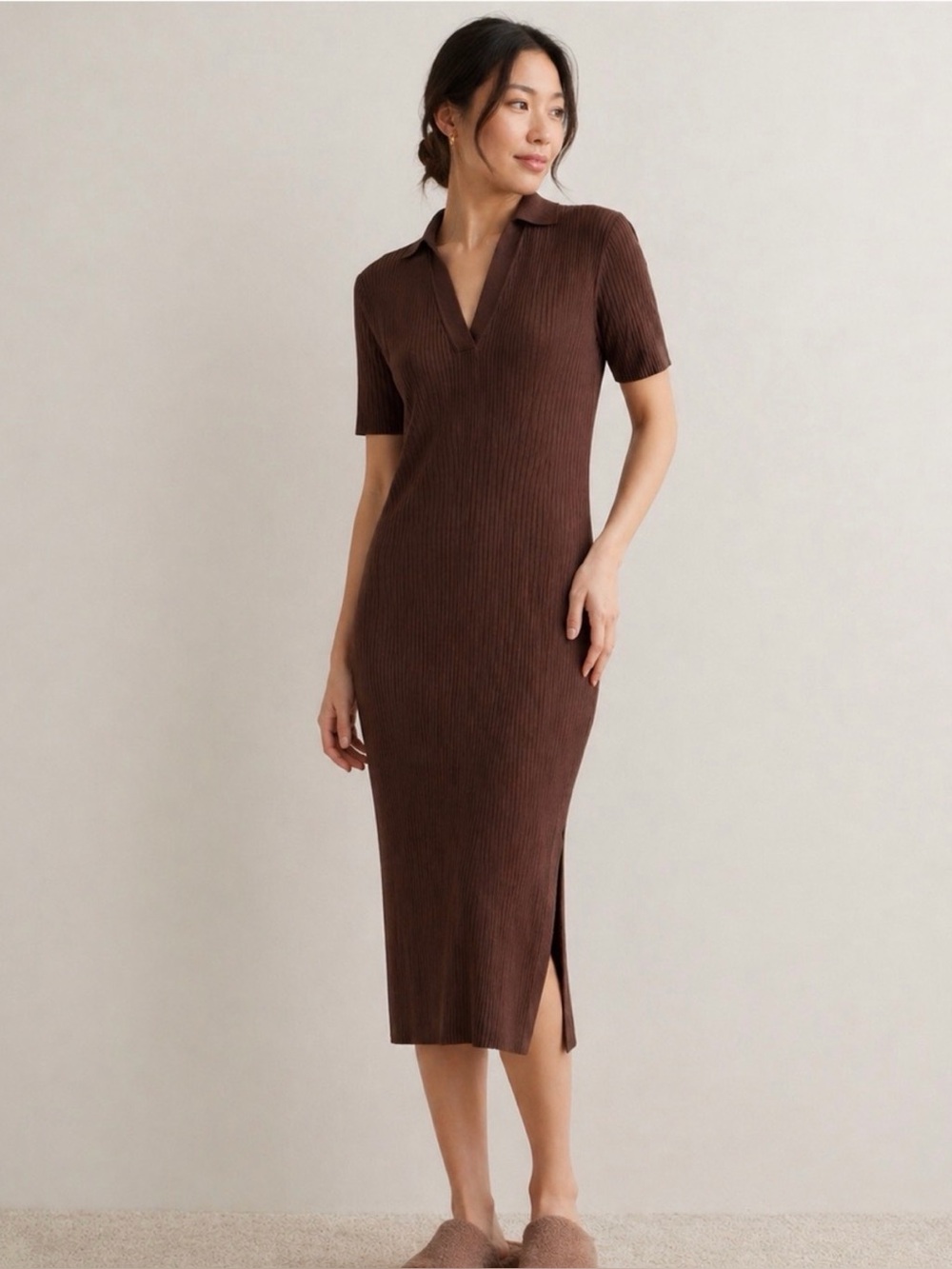 Banana Republic Brown Ribbed Polo V-Neck Midi Dress